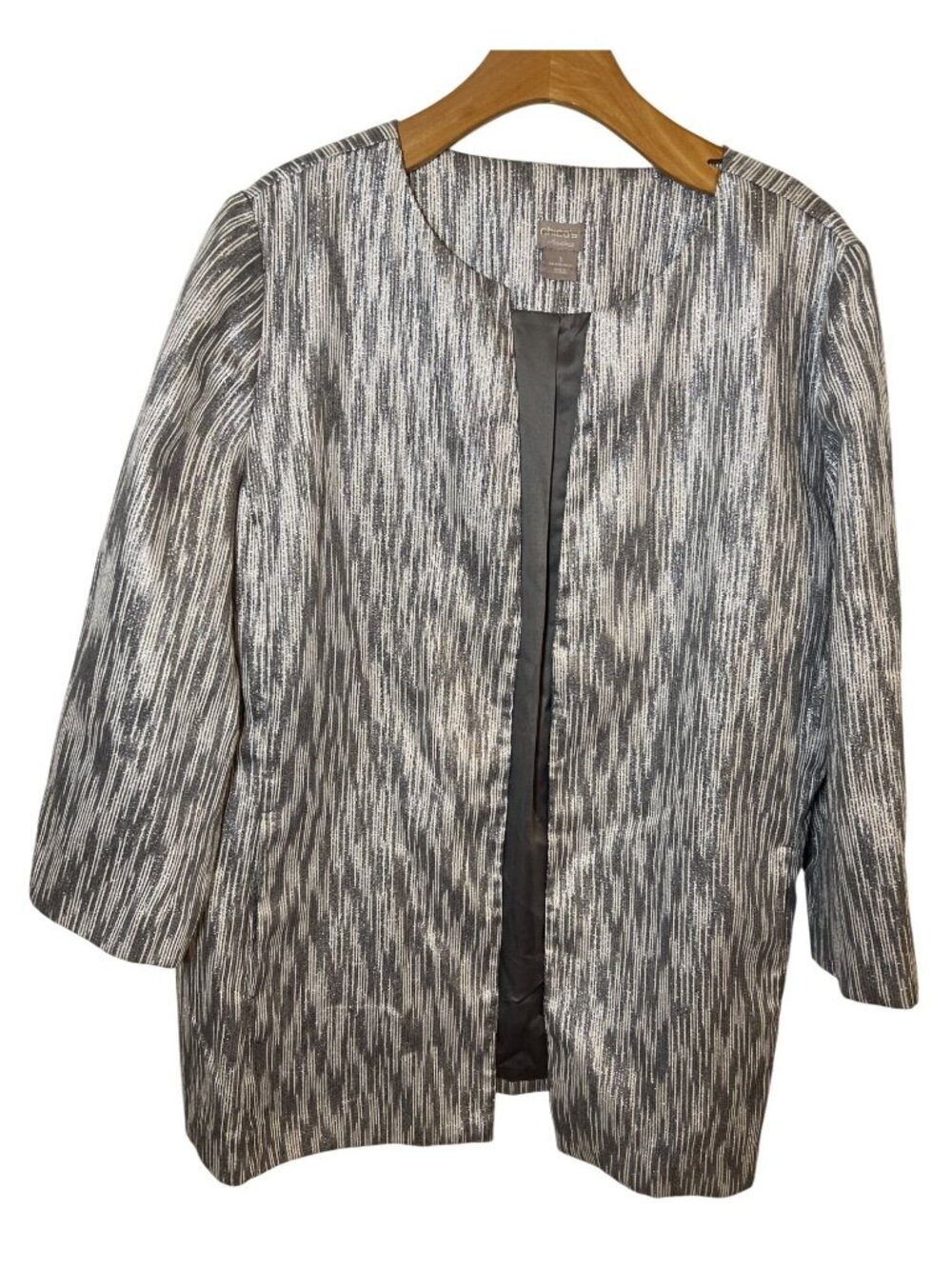 women's Chico's 3 (XL, 16/18) silver white metallic open front jacket Travelers